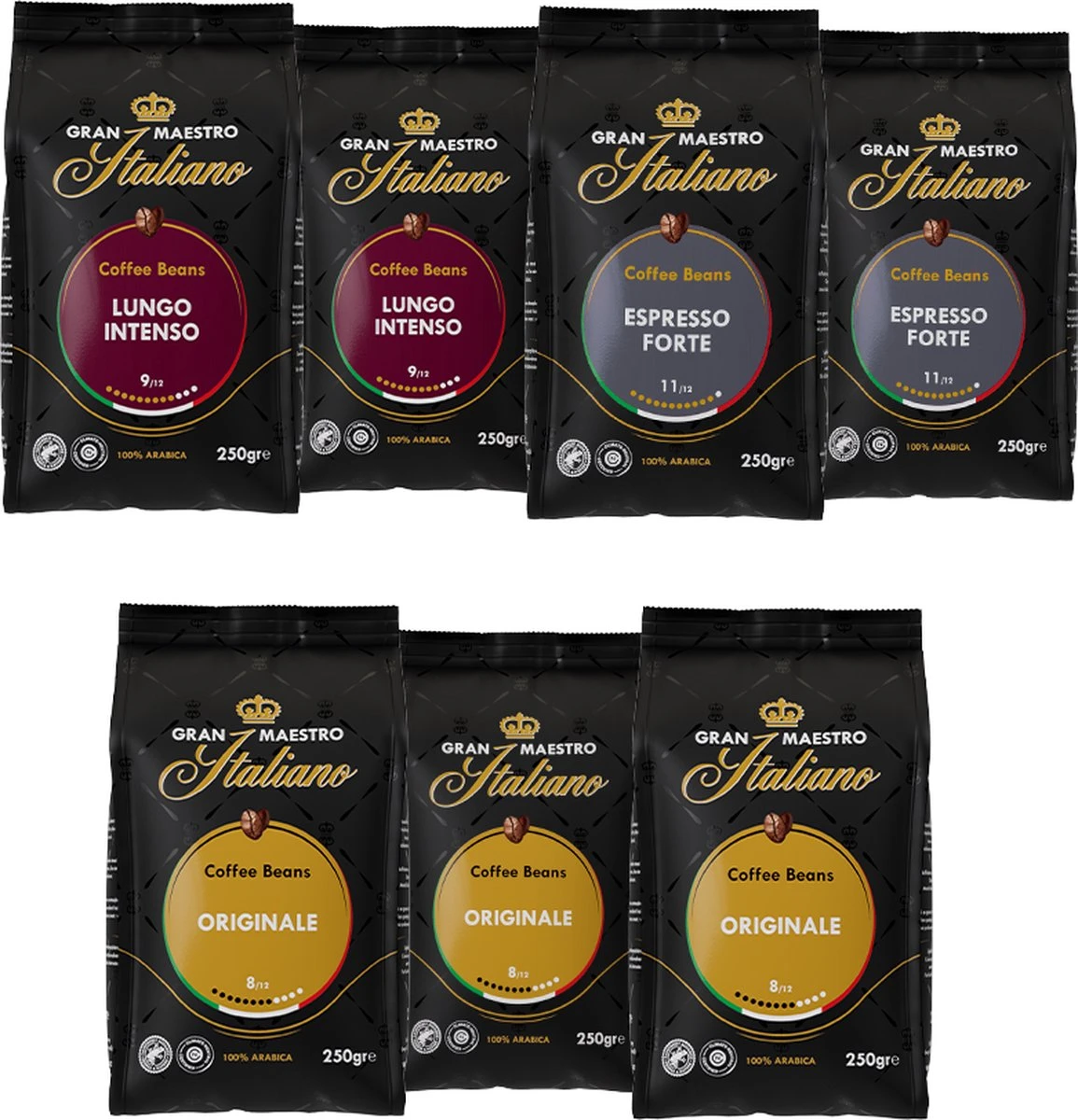 Gran Maestro Italiano - Koffiebonen - Proefpakket - Bonen Voor Espresso - Bonen Voor Lungo - Arabica - 7 X 250g 3 Gran Maestro Italiano - Koffiebonen - Proefpakket - Bonen Voor Espresso - Bonen Voor Lungo - Arabica - 7 X 250g