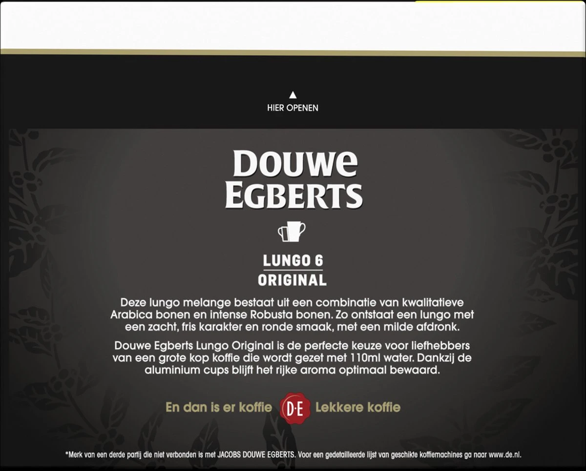 Douwe Egberts Lungo Original Koffiecups (6) - 5 X 40 Koffiecups 4 Douwe Egberts Lungo Original Koffiecups (6) - 5 X 40 Koffiecups - Afbeelding 2