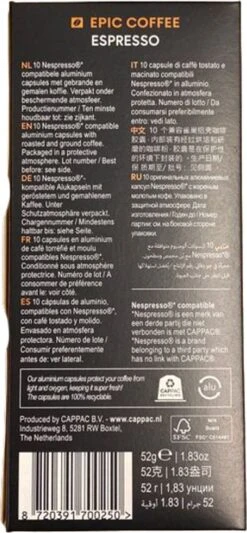 100 Capsules Epic Coffee - Espresso - Nespresso® Compatible Aluminium Capsules - RFA Keurmerk - Doos 100 Stuks -Koffie Promotie Winkel 556x1200