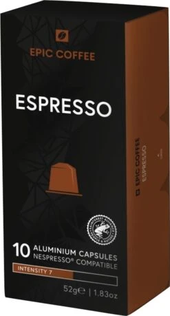 100 Capsules Epic Coffee - Espresso - Nespresso® Compatible Aluminium Capsules - RFA Keurmerk - Doos 100 Stuks