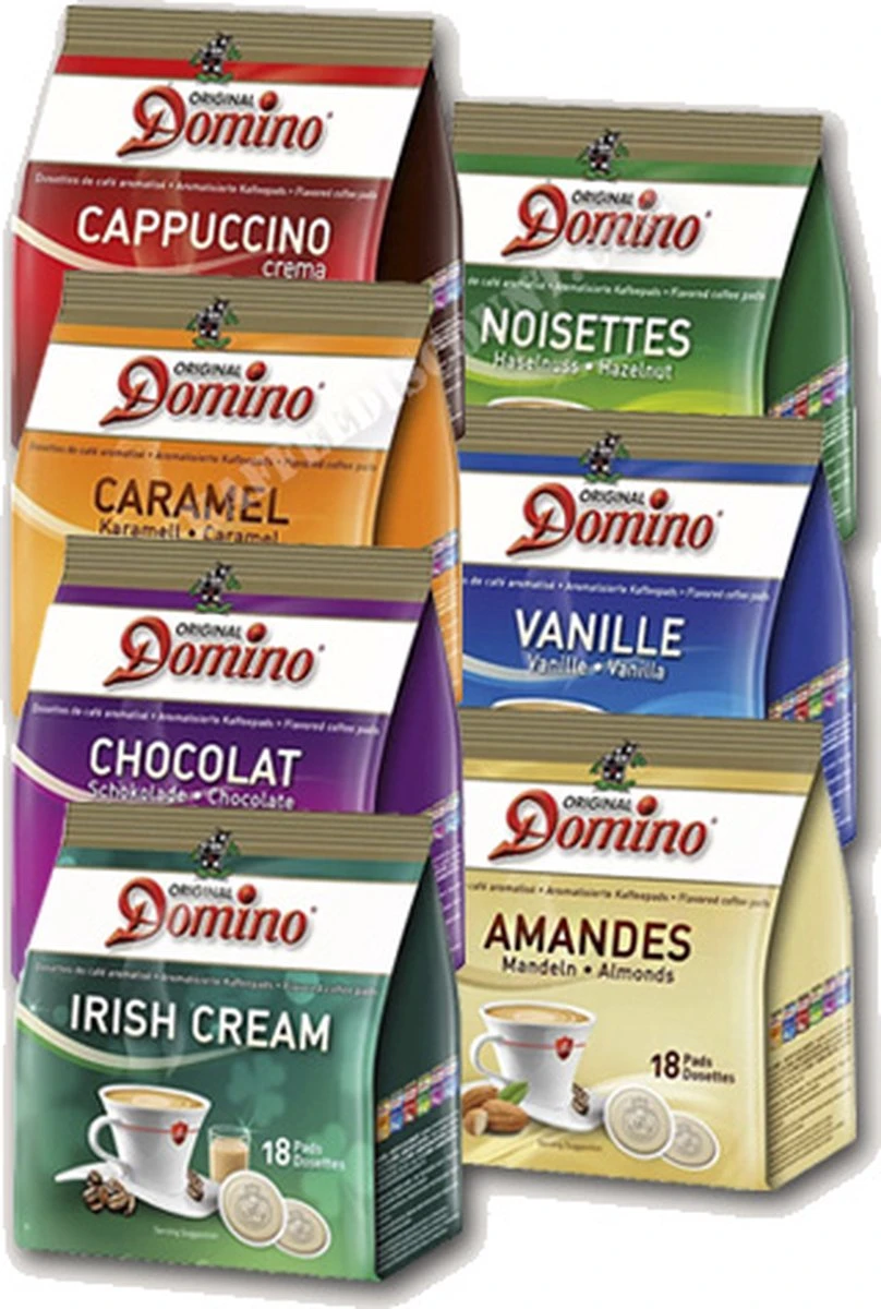 Domino Proefpakket Amandel, Caramel, Cappuccino, Chocolat, Irish Cream, Noisettes En Vanille - Koffiepads - 7 X 18 Pads 3 Domino Proefpakket Amandel, Caramel, Cappuccino, Chocolat, Irish Cream, Noisettes En Vanille - Koffiepads - 7 X 18 Pads
